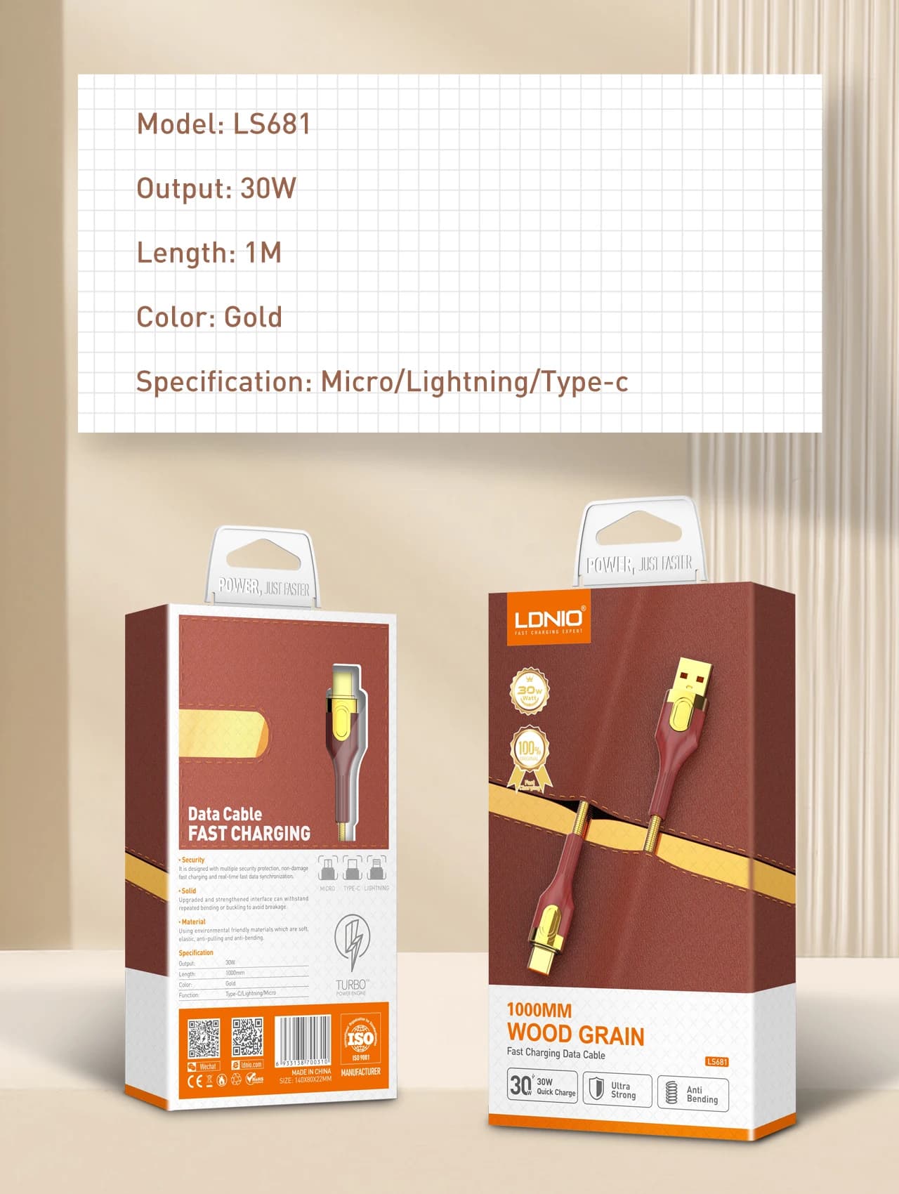 کابل لایتنینگ الدینیو LDNIO LS681 به طول 1 متر توان 30 وات — تصویر ۵