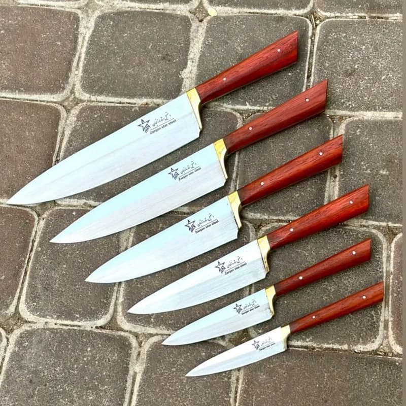 ست چاقو آشپزخانه استیل ضدزنگ ستاره زنجان دسته از پادوک برزیلی بسیار تیز و فوق لاکچری مخصوص عروس و آشپز ی — تصویر ۲