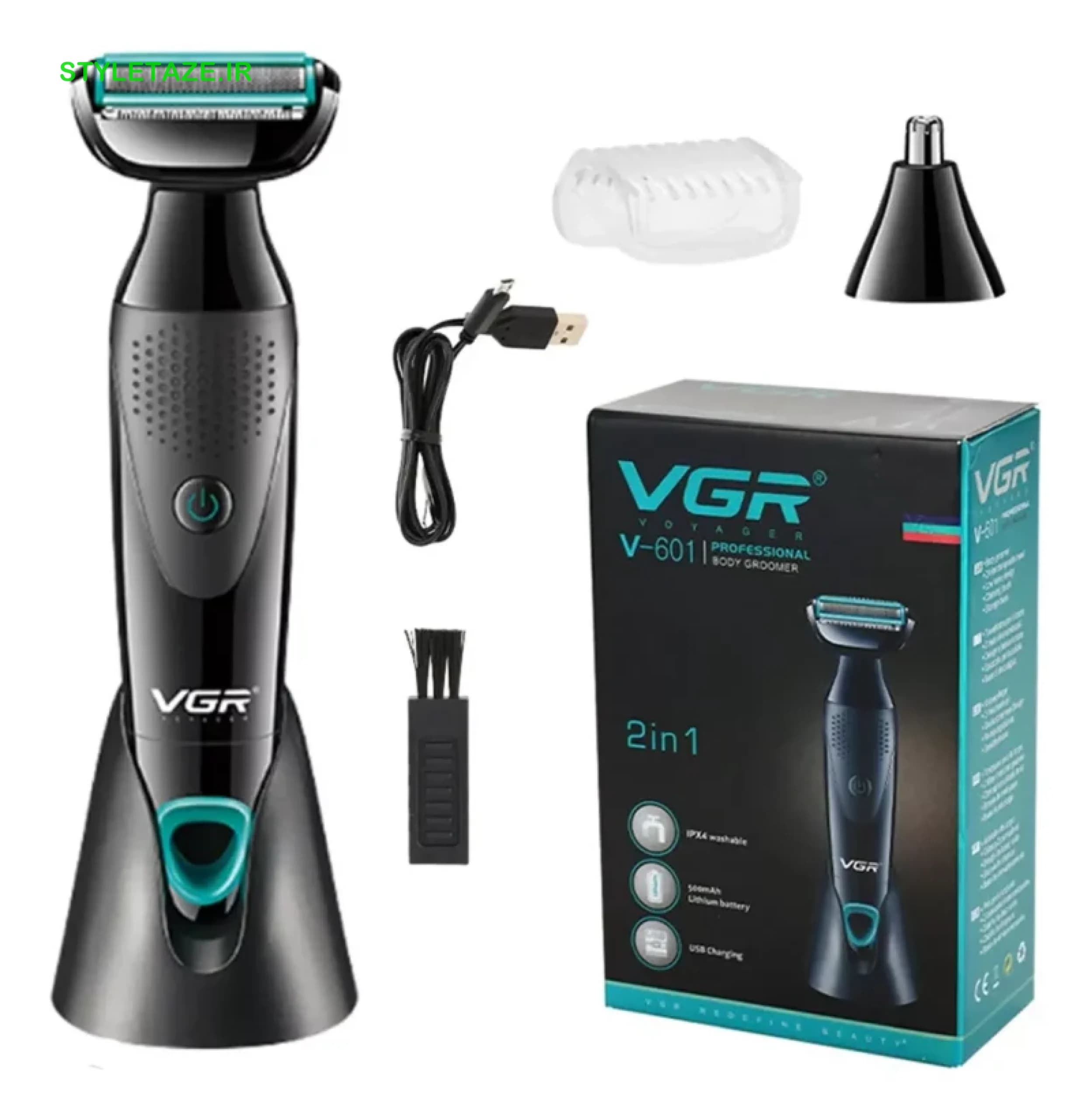 ماشین اصلاح بدن و موزن گوش و بینی مقاوم دربرابر آب با IPX4 و نگهدارنده دستگاه مدل VGR V-601
