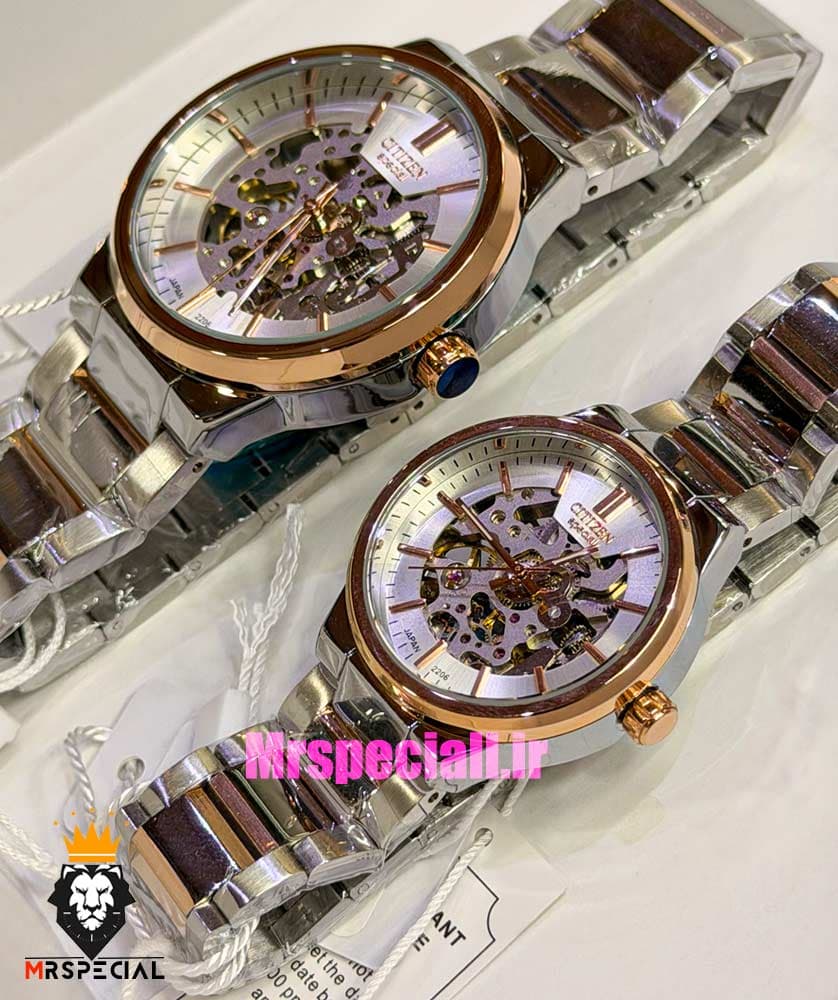 ساعت سیتیزن ست مردانه و زنانه اسپشیال اتوماتیک دو رنگ رزگلد صفحه اسکلتون 021674 CITIZEN SPECIAL — تصویر ۱۱