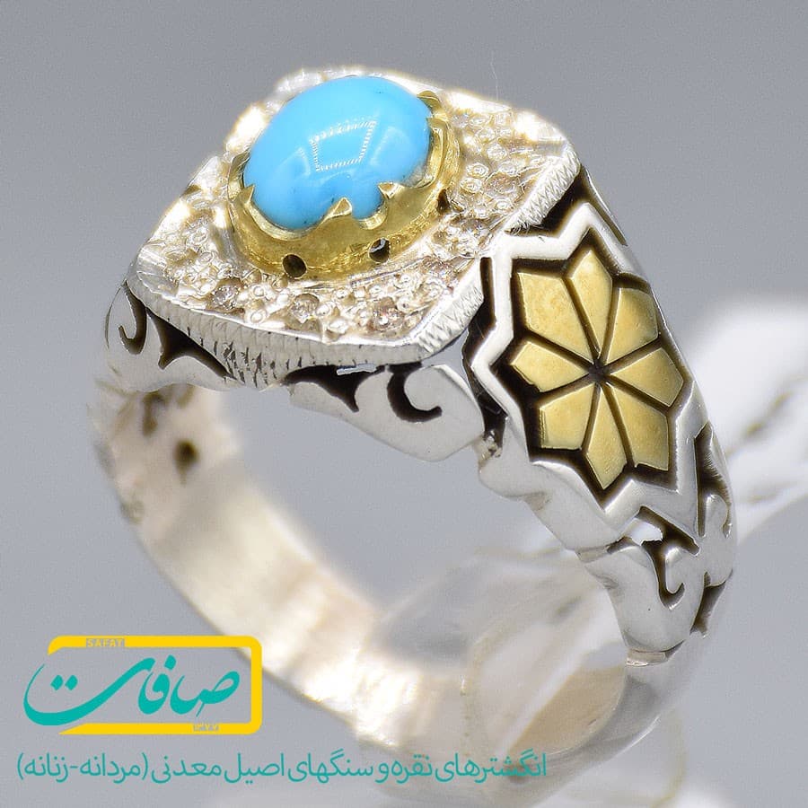 انگشتر فیروزه نیشابور با 14 عدد الماس مردانه «کد 3328» — تصویر ۲
