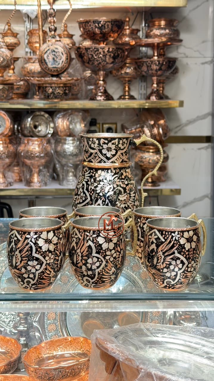 پارچ و لیوان مسی گل بلبل — تصویر ۱۱