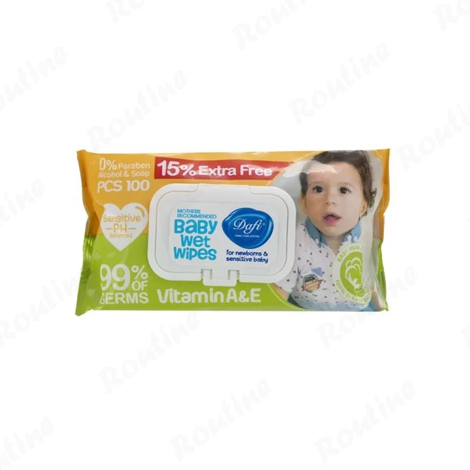 دستمال مرطوب کودک دافی حاوی ویتامین A و E بسته 100 عددی — تصویر ۲