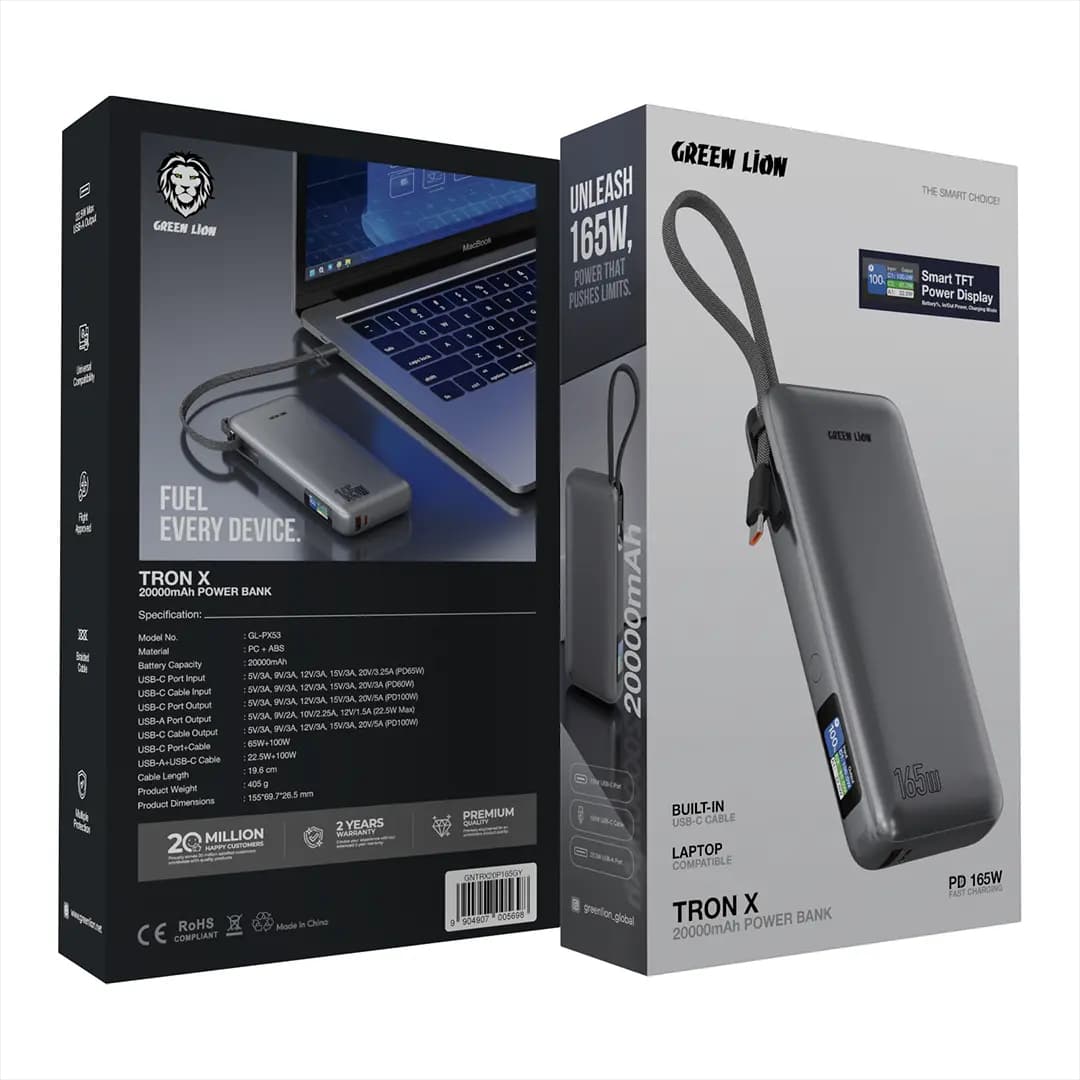 پاروبانک 65 وات 20000 با کابل تایپ سی گرین لاین Green Lion Tron X GNTRX20P65GY — تصویر ۵