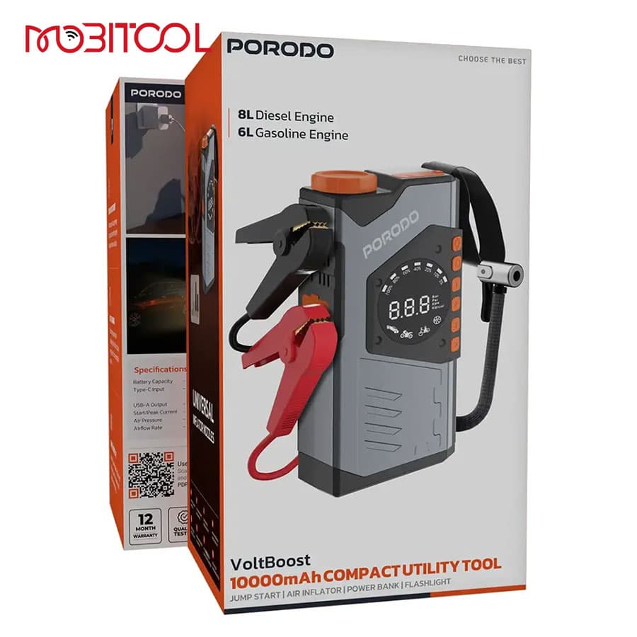 پمپ باد و جامپ استارتر چندکاره پرودو Porodo VoltBoost 10000mAh Compact Utility Tool PDPBA10 — تصویر ۵