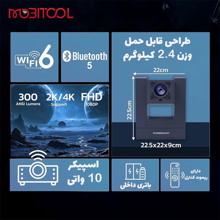 ویدیو پروژکتور 4K هوشمند قابل حمل پاورولوژی Powerology VisionArc Portable Smart Projector PYM220C — تصویر ۳