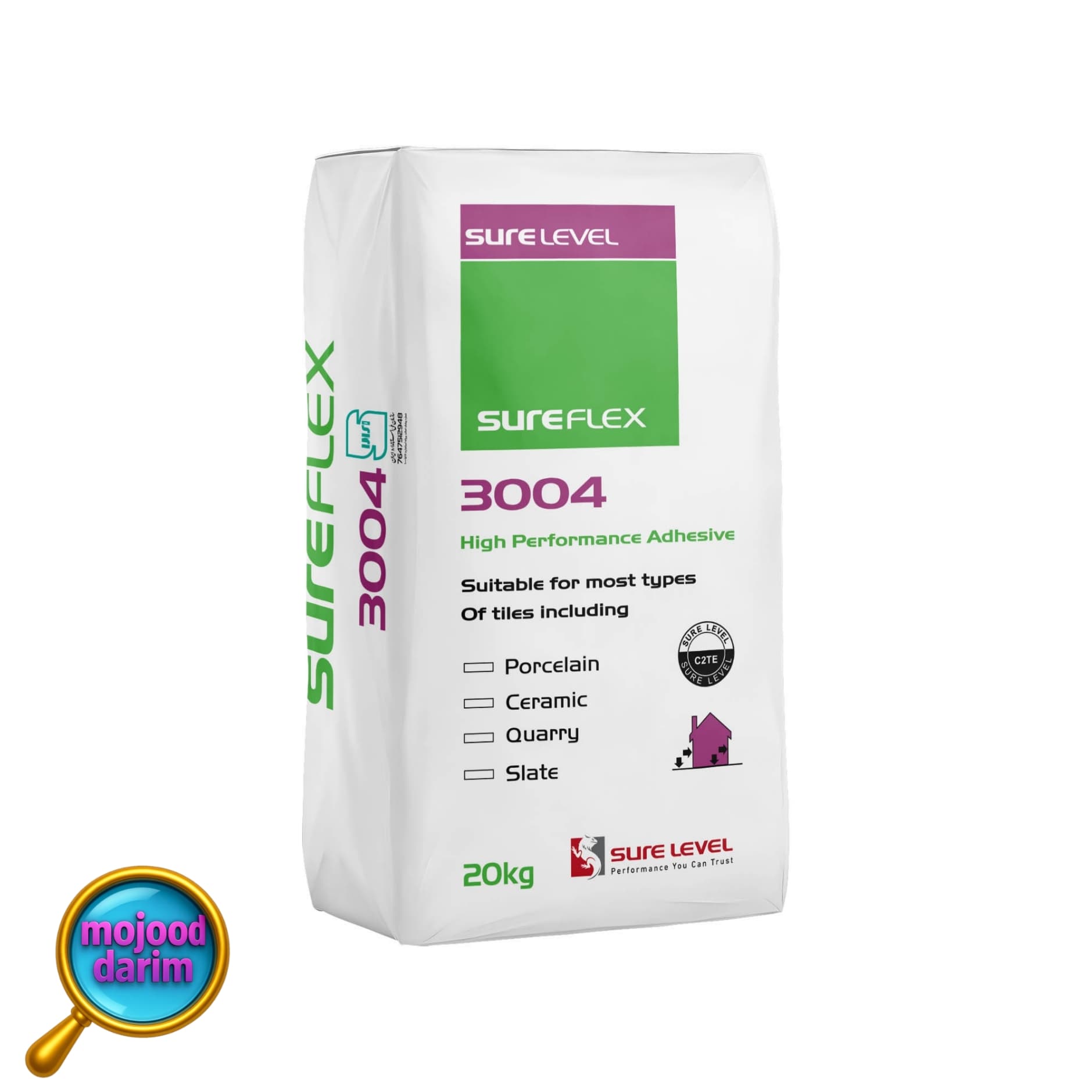 چسب کاشی پودری ۳۰۰۴ سفید شرکت شورلول ( شور فلکس تراکو سوئد) کیسه 20 کیلویی | sure flex 3004