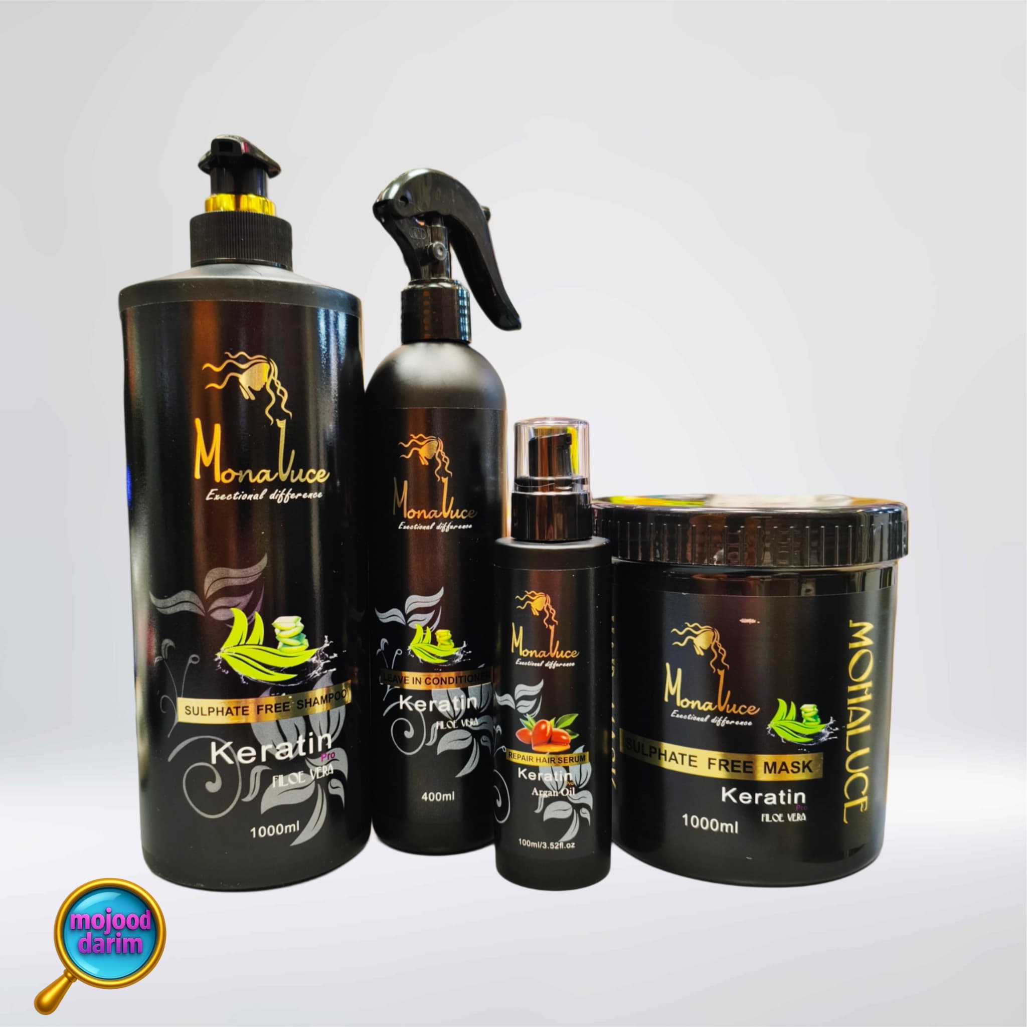 پکیج کامل مونالوسی فری سولفات و کراتینه کننده ابریشمی مو شامل ماسک مو , شامپو سر , اسپری پس از حمام و روغن آرگان کراتین | Mona Luce