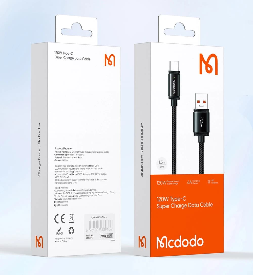 کابل شارژ 120 وات 1.5 متر USB-A به Type-C برند مک دودو مدل Mcdodo CA-4730 — تصویر ۶