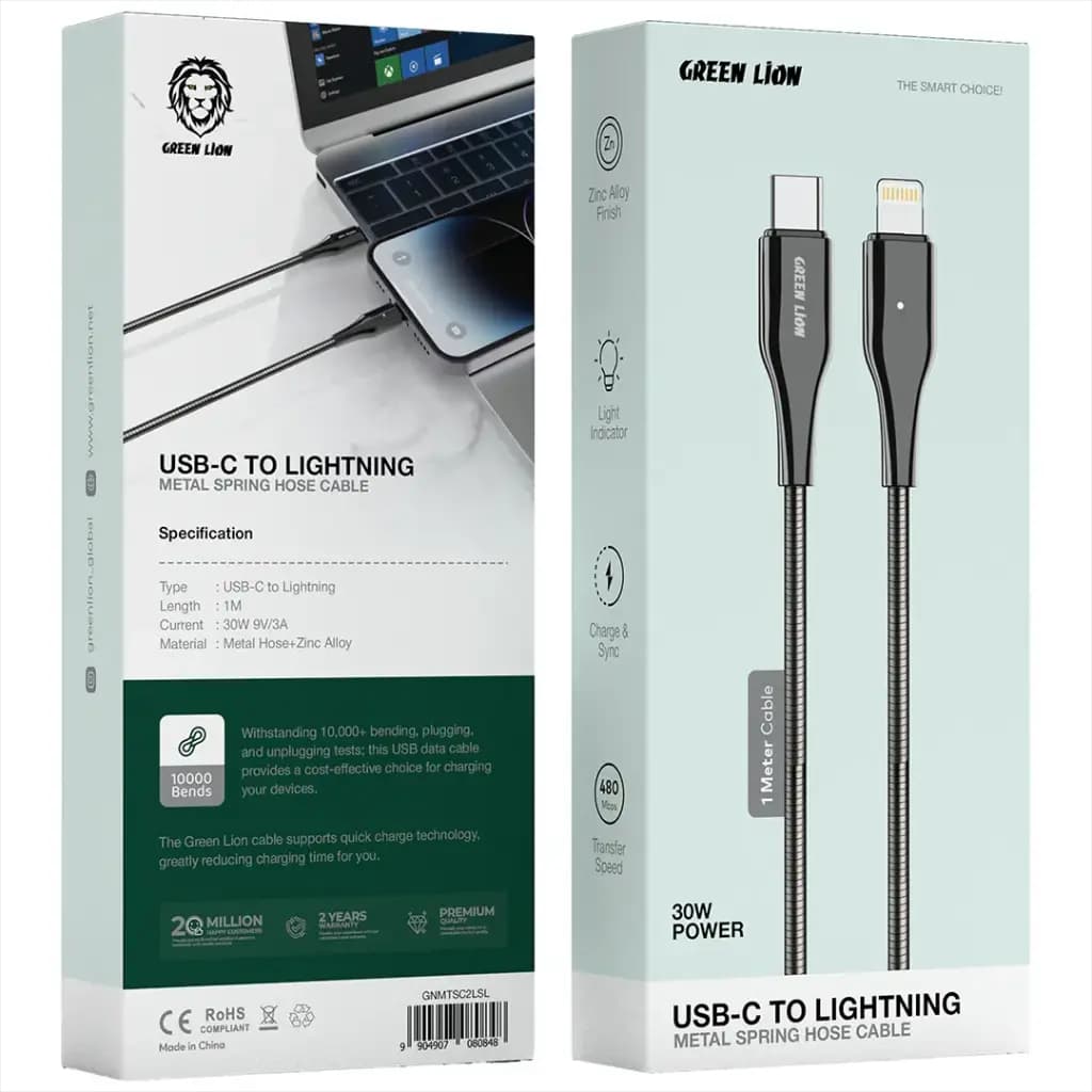 کابل فلزی USB-C به Lightning گرین لاین مدل Spring Hose GNMTSC2LSL — تصویر ۵