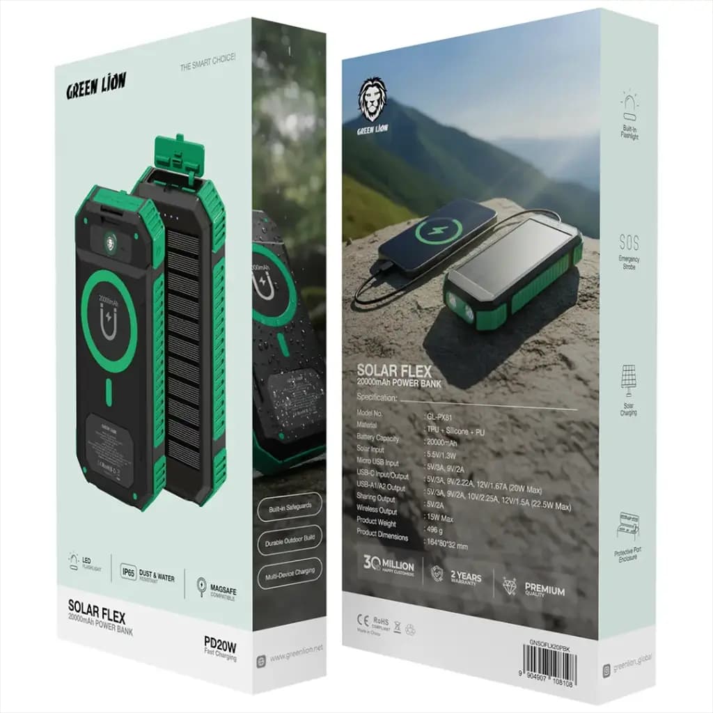 پاوربانک خورشیدی گرین لاین 20000mAh مدل GNSOFLX20PBK — تصویر ۳