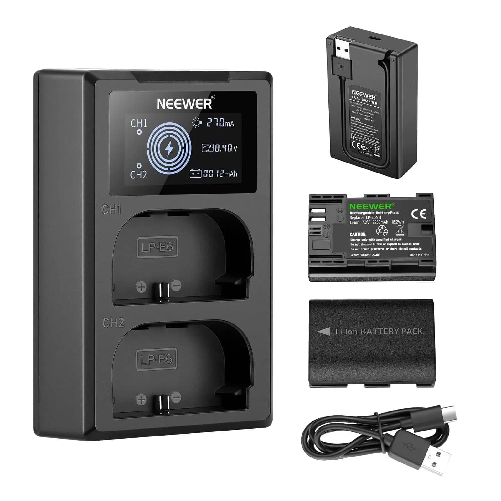 پکیج شارژر دوبل نیور Neewer LP-E6NH Dual Charger + دو باتری LP-E6NH — تصویر ۲