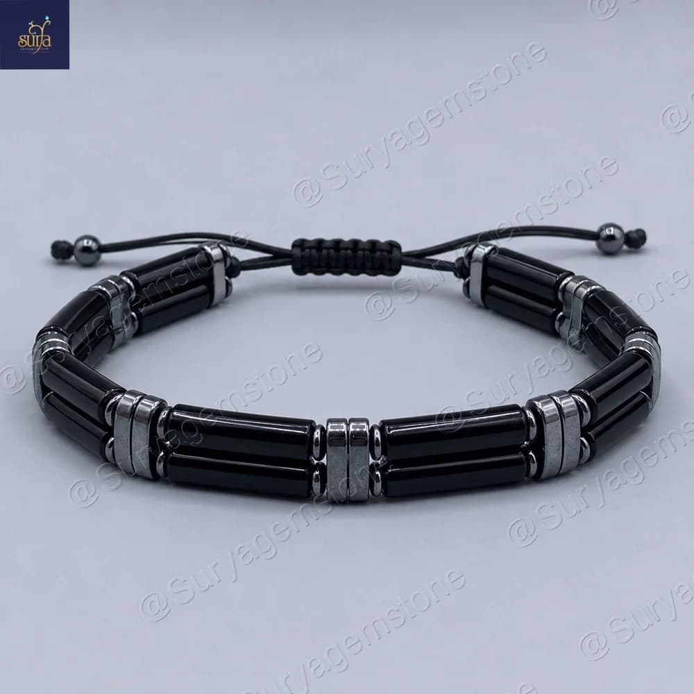دستبند عقیق و حدید مردانه سنگی ، سنگ معدنی و اصل دو ردیفه Canal Stone 1