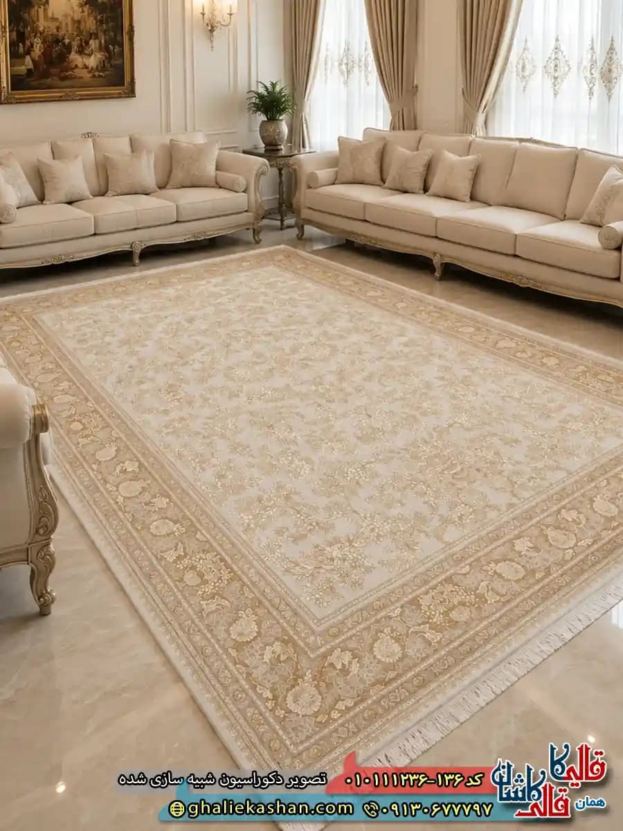 فرش 1200 شانه طرح افشان رزالیند زمینه طوسی نقره ای عاجی گل برجسته کاشان — تصویر ۷