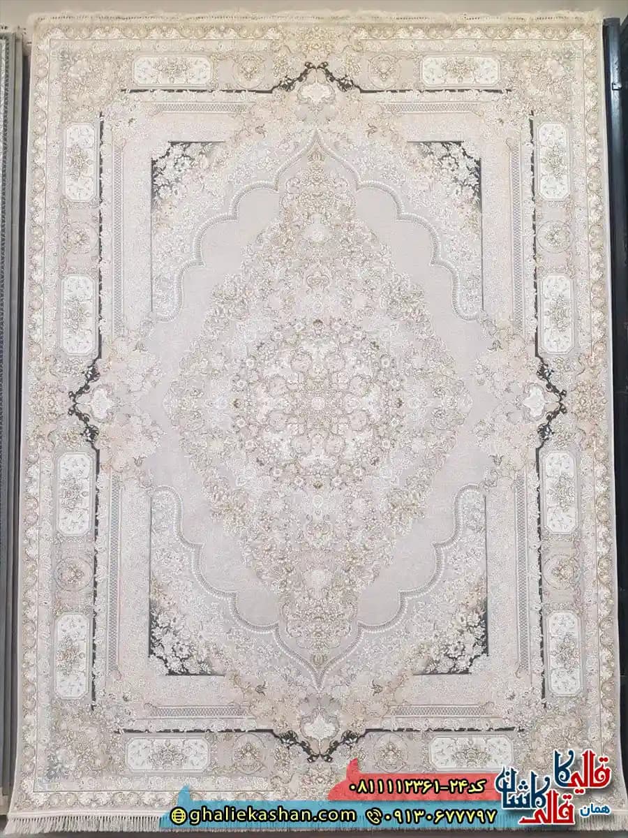 فرش طلاکوب 1200 شانه طرح راشل رنگ کرم صدفی گل برجسته کاشان