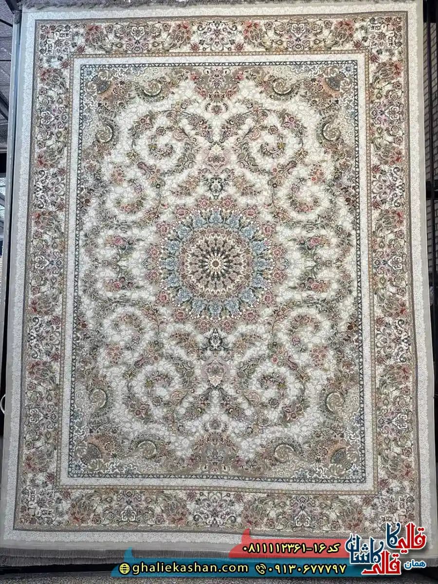 فرش کلاسیک 1200 شانه طرح ترنج رنگ طوسی نقره ای گل برجسته کاشان