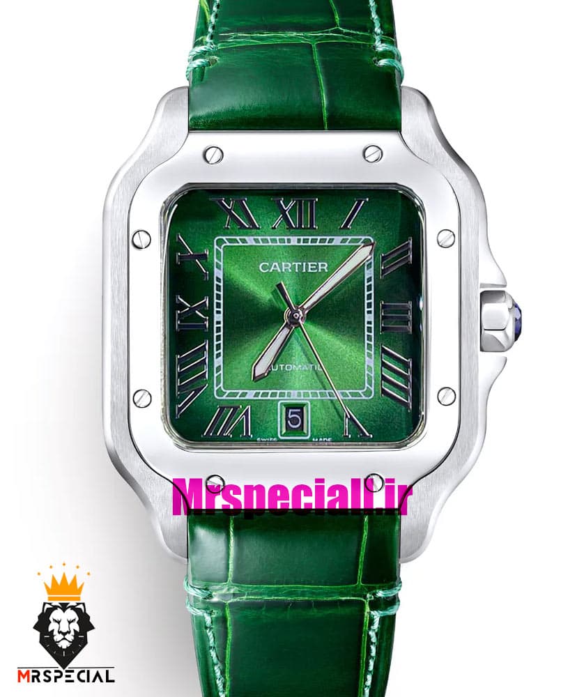 ساعت کارتیه مردانه مدل دسانتوس اتوماتیک بند چرم سبز صفحه سبز 021450 Cartier Santos de