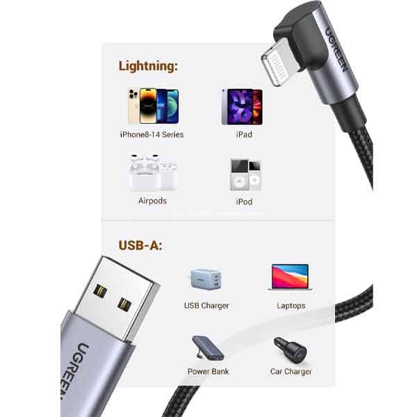 کابل شارژ و دیتا 2.4 آمپر Lightning به USB 2.0 یوگرین مدل US299 — تصویر ۱۰