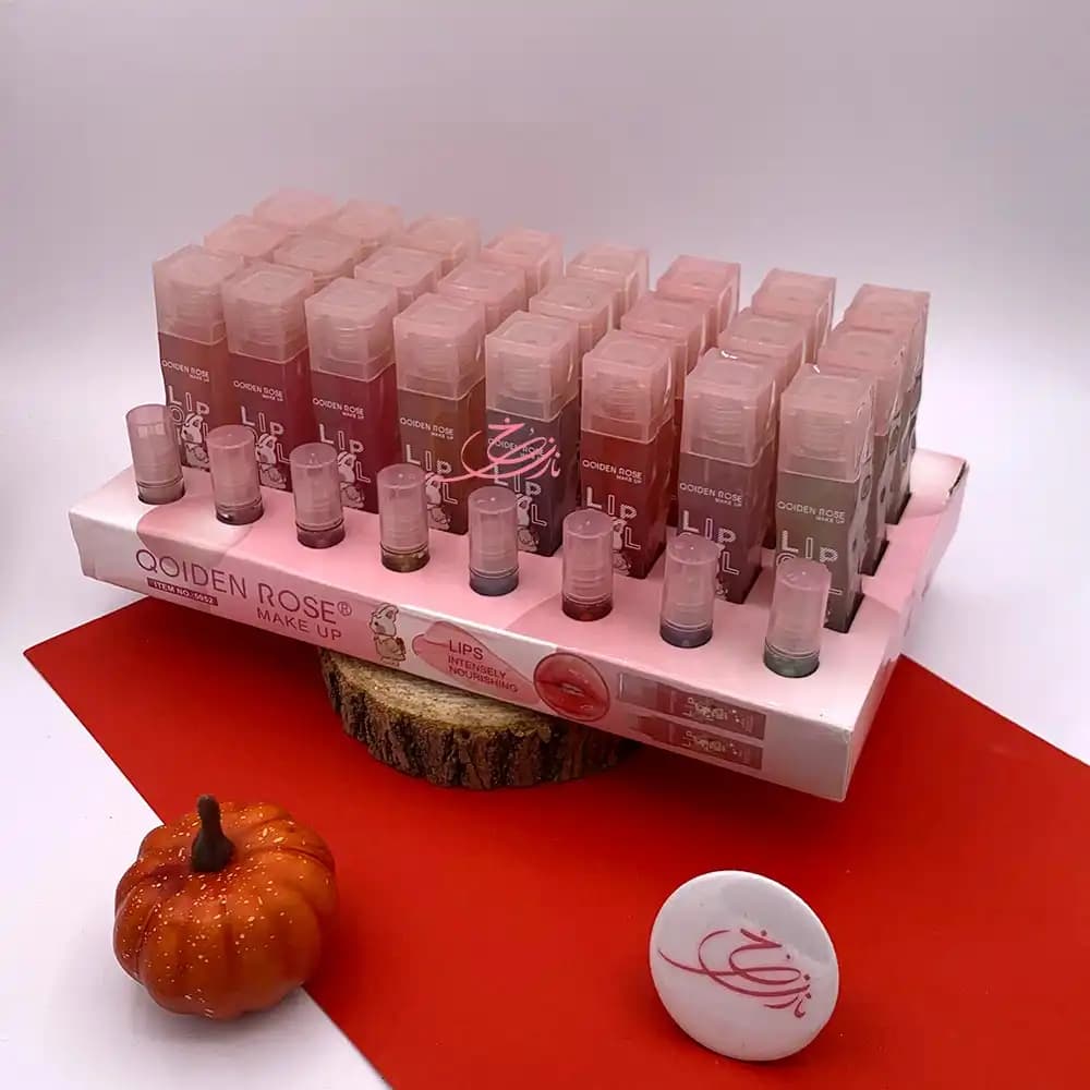 روغن لب و برق لب (Lip Oil/Gloss) کیودن رز QODEN ROSE مدل تغذیه کننده قوی پک 24 عددی تستردار کد 5952