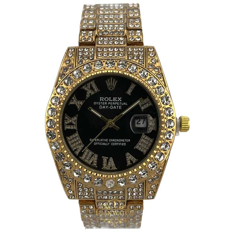 ساعت مچی رولکس فول نگین طلایی صفحه مشکی ROLEX DAYTE JUST 1050