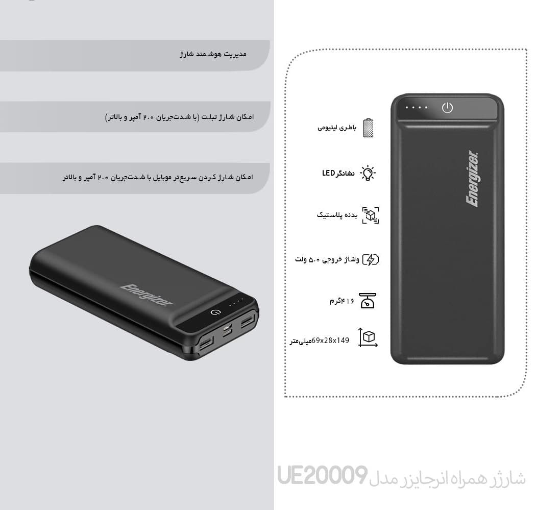 شارژر همراه انرجایزر مدل UE20009 ظرفیت ۲۰۰۰۰ میلی آمپر ساعت — تصویر ۶