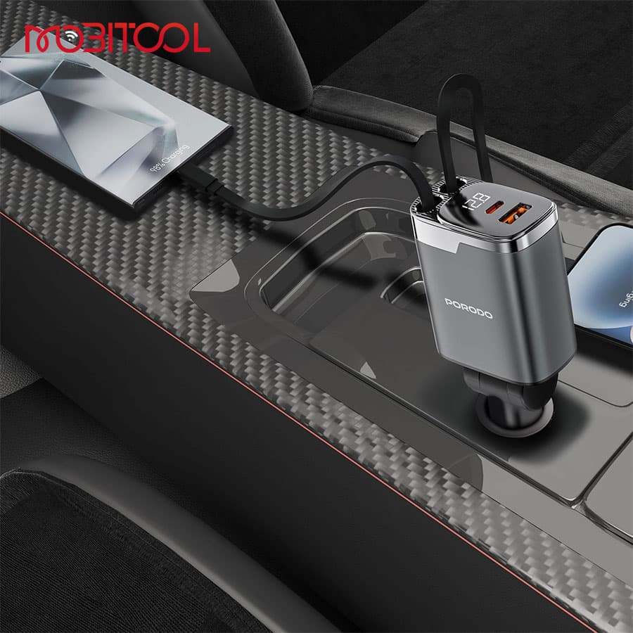 شارژر فندکی با کابل جمع شونده 111 وات پرودو Porodo 111W Car Charger Lightning & Type-C Retractable Cables PDC46P — تصویر ۷