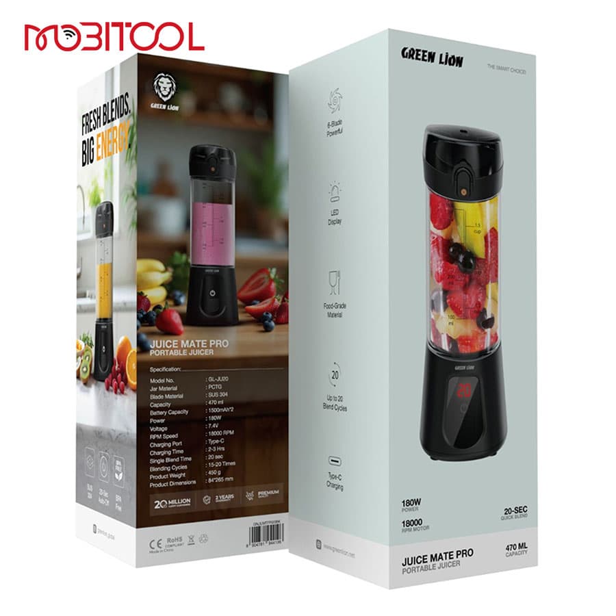 مخلوط کن شارژی 180 وات گرین لاین Green Lion Juice Mate Pro Portable Juicer 470mL — تصویر ۵