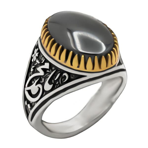 انگشتر حدید صینی نقره مردانه طرح یا محمد (ص) + حکاکی — تصویر ۲