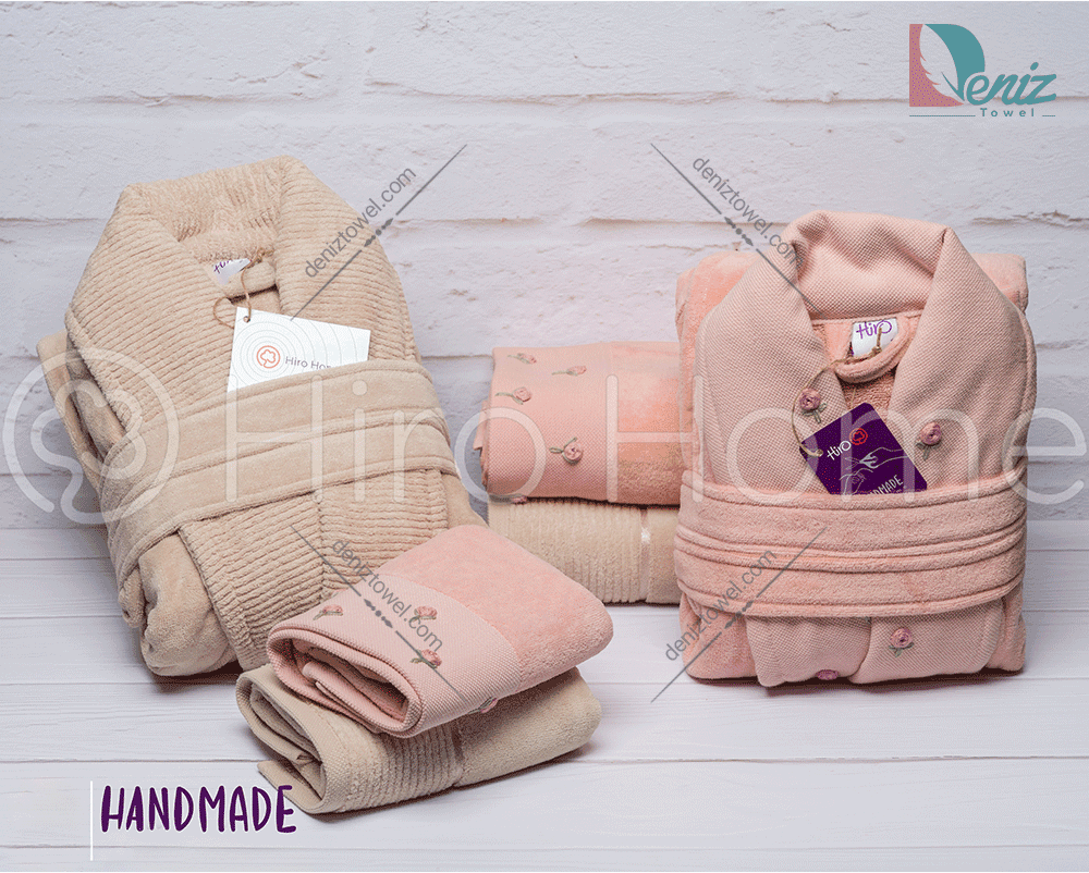 حوله ست دو نفره HANDMADE رنگ گلبهی و کرم تیره