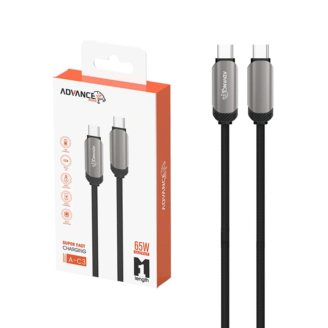 کابل شارژ PD و فست Advance Media Type-C To Type-C مدل A-C3 65W – مشکی (گارانتی یکساله ویستا حافظه) — تصویر ۲