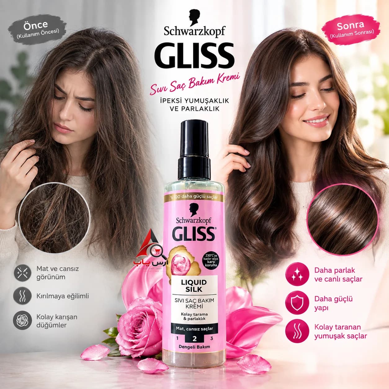 اسپری دوفاز مو گلیس مدل LIQUID SILK حاوی سرامید و کراتین مناسب موهای کدر و شکننده حجم 200 میلیلیتر — تصویر ۷