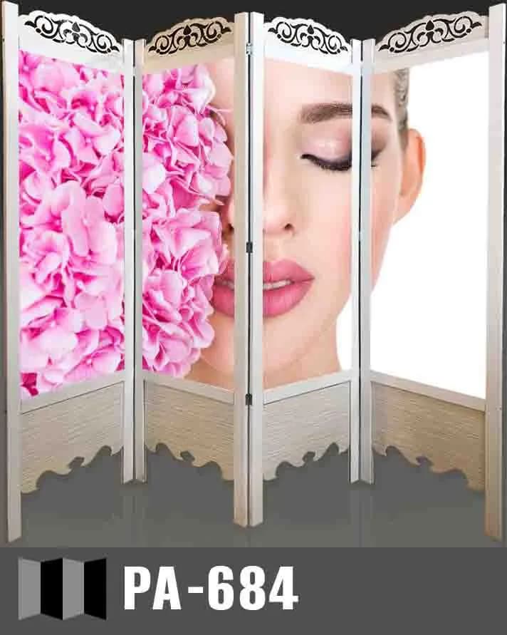 پارتیشن متحرک ۴ لنگه سفید طرح چهره و گلهای صورتی (کد PA-684)