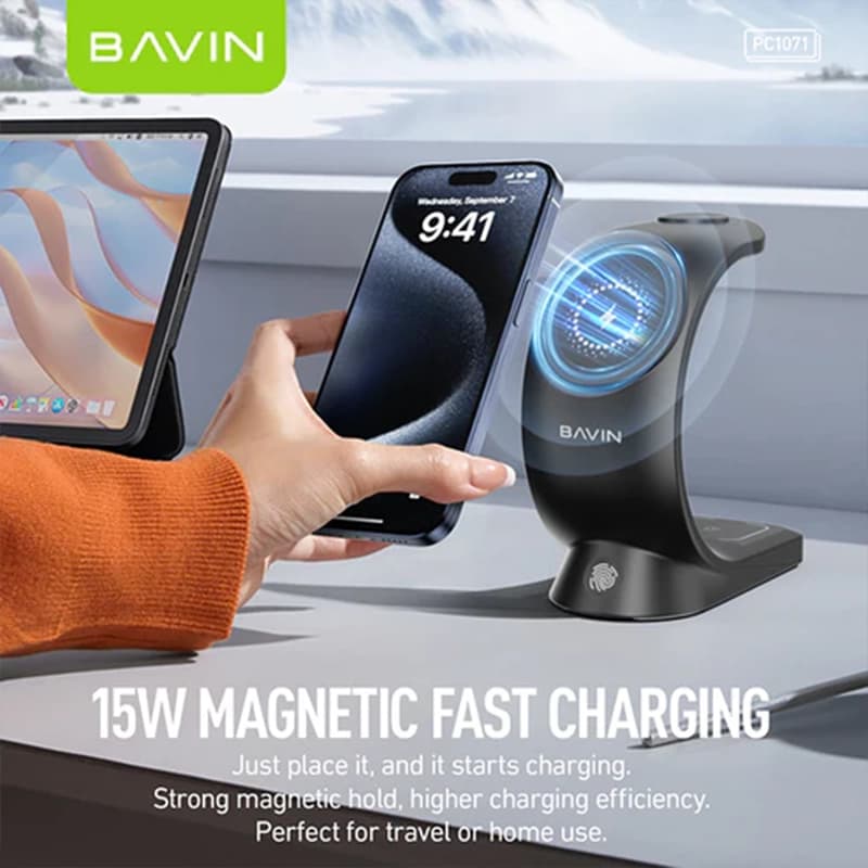 استند و شارژر وایرلس چند کاره مگنتی باوین مدل Bavin PC1071 توان ۱۵ وات — تصویر ۷