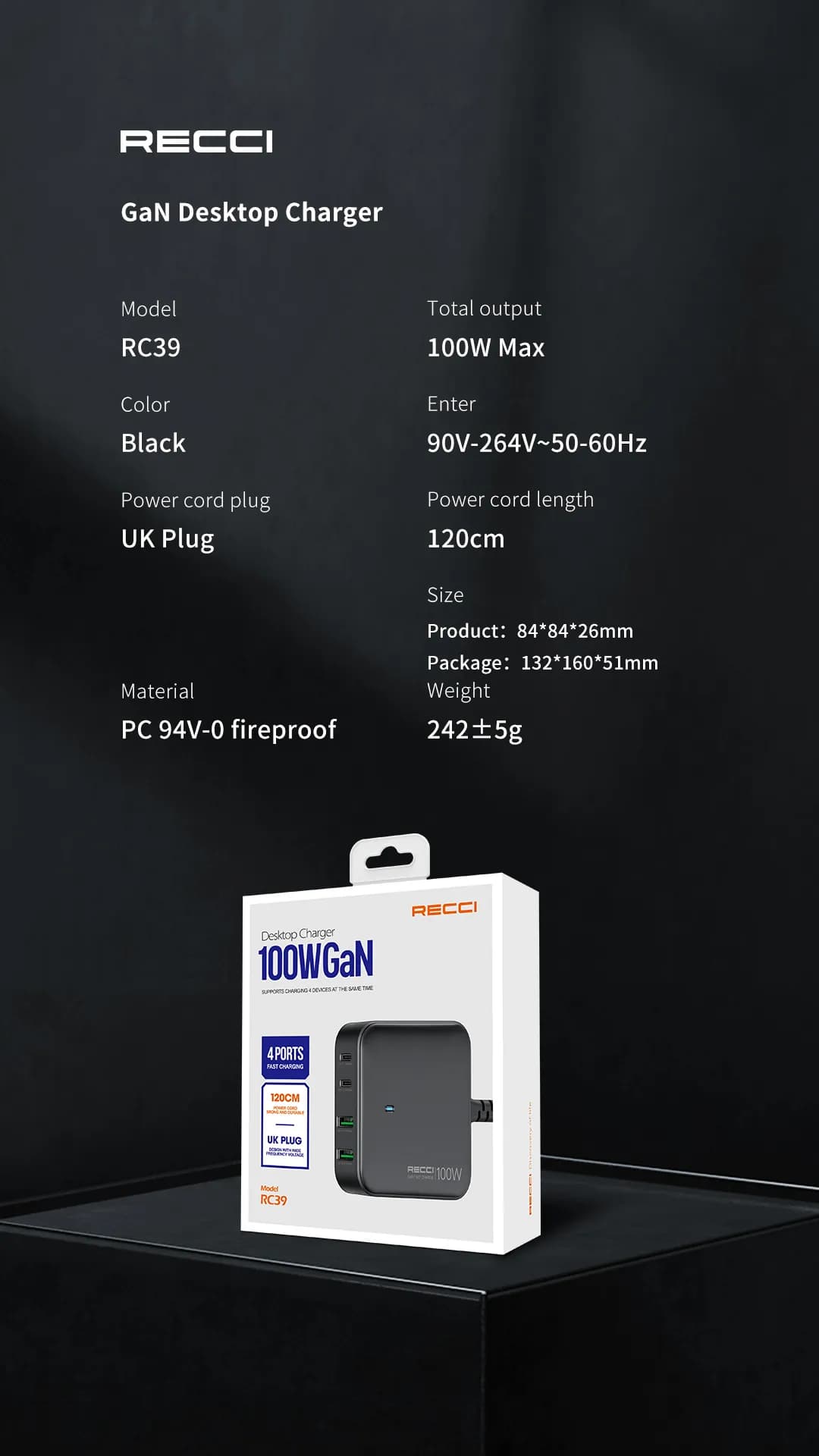 شارژر رومیزی فست شارژ رچی مدل Recci GaN Desktop Charger RC39 توان 100W — تصویر ۱۱