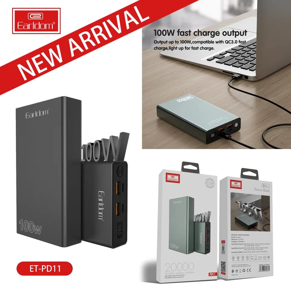پاور بانک فست شارژ ارلدام مدل Earldom PowerBank ET-PD11 با ظرفیت 20000mAh و توان 100W — تصویر ۶