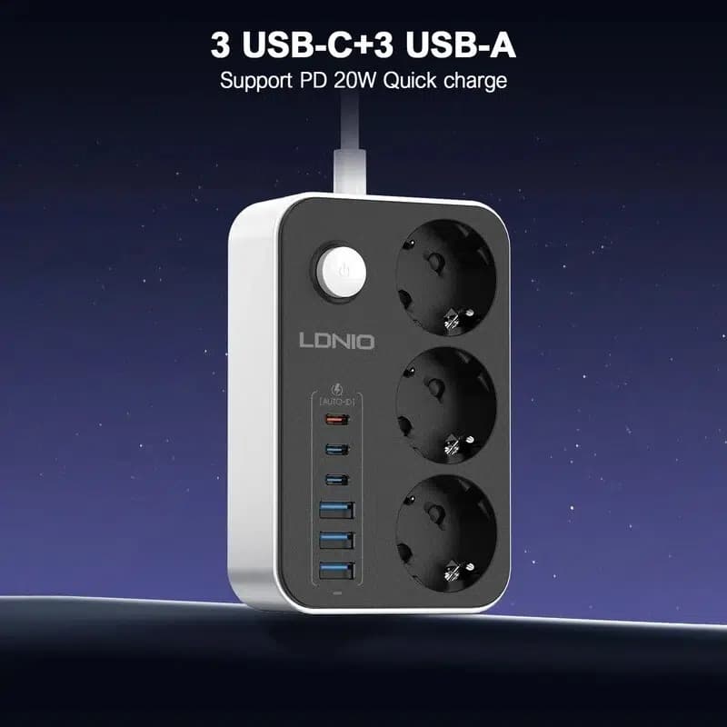 چند راهی 3 خانه ارت دار الدینیو با کابل 2 متری + شارژر USB و Type-C — تصویر ۷