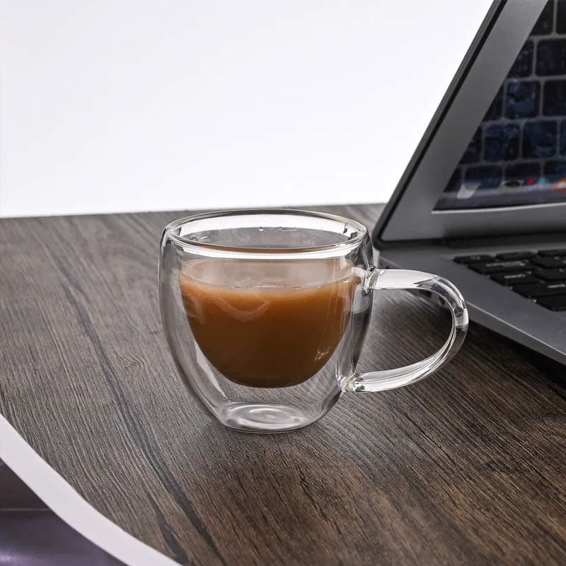 شات قهوه خوری دوجداره پیرکس دسته دار با زیره چوبی — تصویر ۸