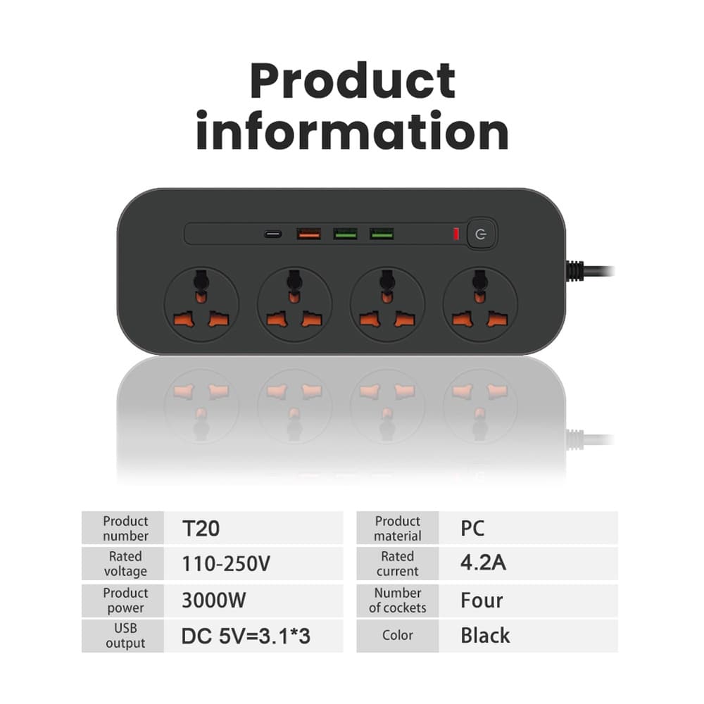 چند راهی برق شارژر دار کیفیت عالی POWER SOCKET T20 — تصویر ۱۱