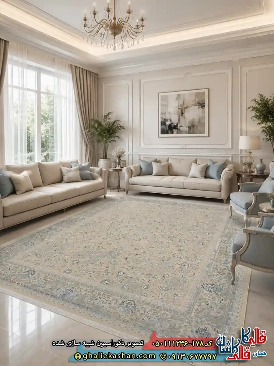 فرش وینتیج 1200 شانه طرح افشان شمس رنگ بژ سبز گل برجسته کاشان