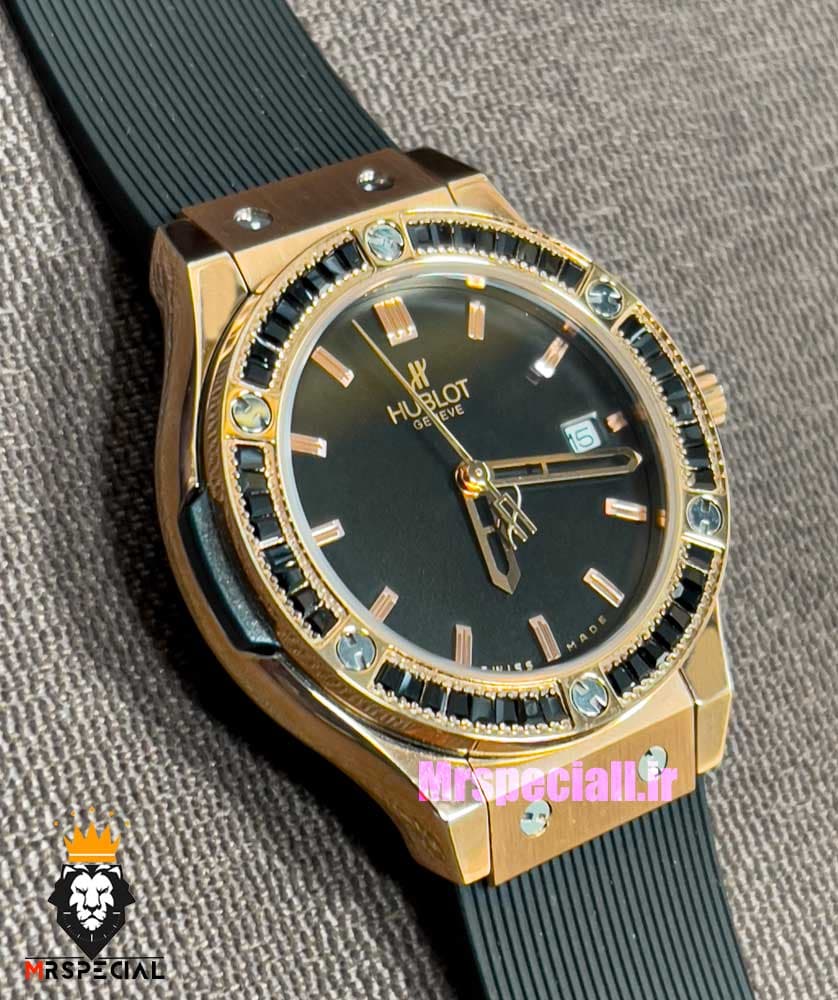 ساعت هابلوت زنانه رزگلد نگین باگت مشکی بند رابر مشکی صفحه مشکی HUBLOT BIG BANG 021219 — تصویر ۱۱