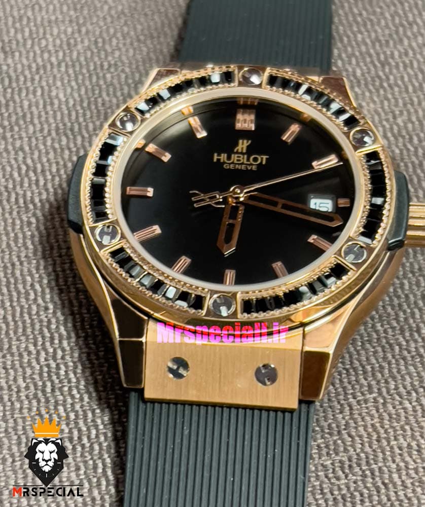 ساعت هابلوت زنانه رزگلد نگین باگت مشکی بند رابر مشکی صفحه مشکی HUBLOT BIG BANG 021219 — تصویر ۶