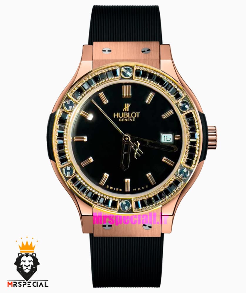 ساعت هابلوت زنانه رزگلد نگین باگت مشکی بند رابر مشکی صفحه مشکی HUBLOT BIG BANG 021219 — تصویر ۲