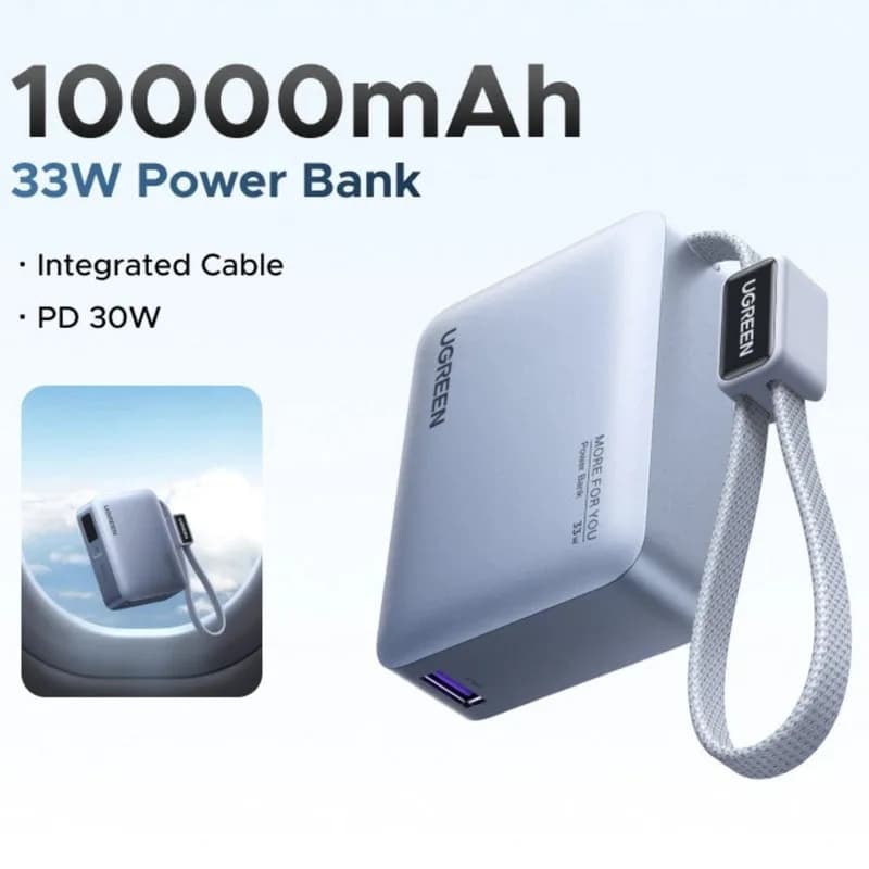 پاور بانک 33 وات دو پورت با یک کابل متصل USB-C و ظرفیت 10000mAh یوگرین مدل 75173 — تصویر ۲