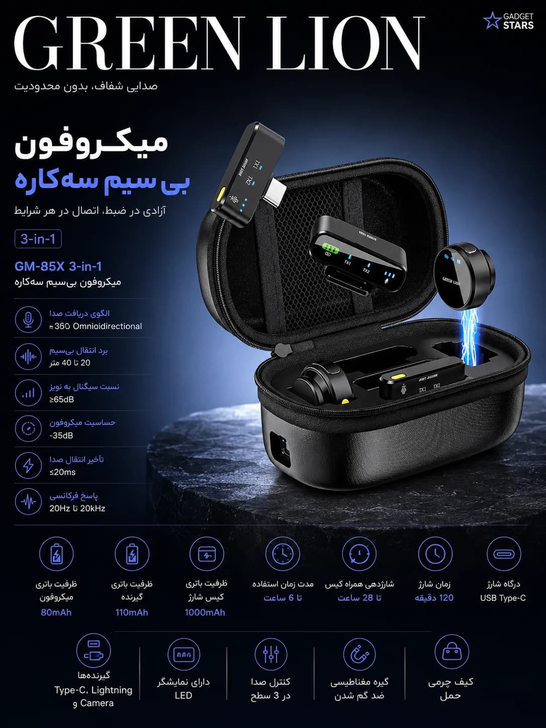 میکروفون بیسیم گرین لاین Green Lion GM-85X 3-in-1 Wireless Microphone — تصویر ۱۰