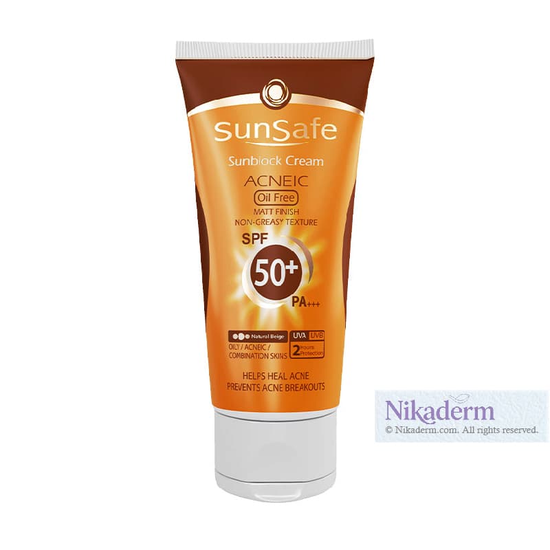 کرم ضدآفتاب سان سیف Acneic SPF50 بژ طبیعی فاقد چربی کرم پودری مناسب پوست های چرب 50ml