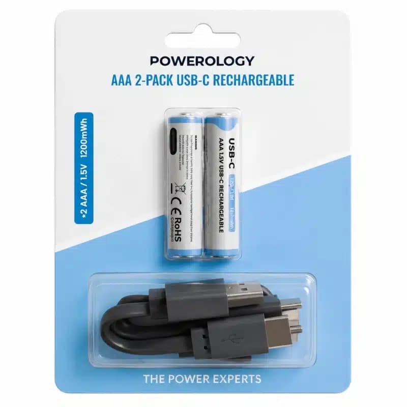 باتری نیم قلمی شارژی 2 عددی مدل PWAAA122 پاورولوژی Powerology AAA 2-Pack USB-C Rechargeable