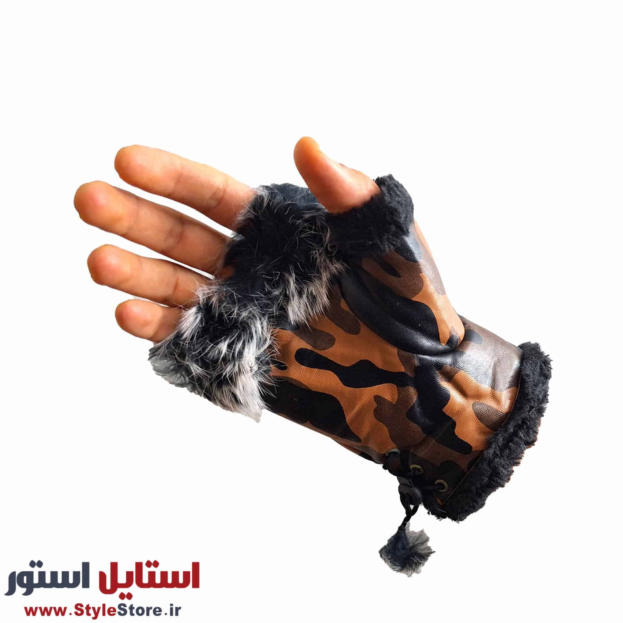 دستکش زنانه نیم انگشتی خز دار چریکی رنگ قهوه ای — تصویر ۷