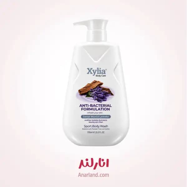 شامپو بدن زیلیا (اکسیلیا) Xylia مدل Anti -Bacterial با رایحه چوب صندل و اسطوخودوس مناسب برای انواع پوست حجم 750 میلی لیتر — تصویر ۲