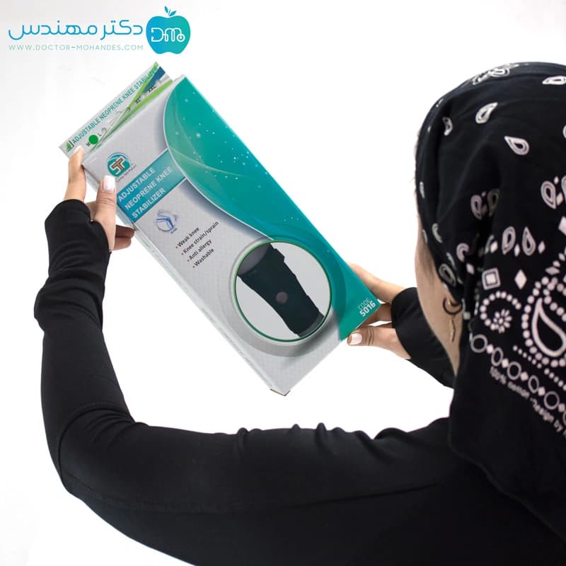 زانوبند چهارفنره قابل تنظیم نئوپرن سما طب کد 5016 — تصویر ۹
