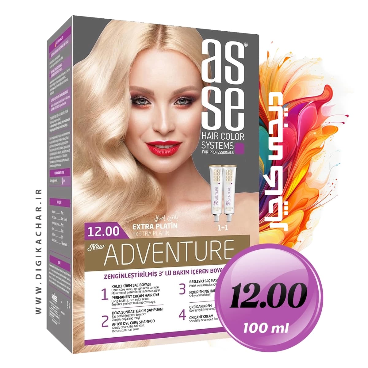 کیت رنگ موی بدون آمونیاک آسه ASSE پلاتین اضافی شماره 12.00 حجم 50+50 میل